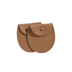 A pair of oval brown PU leather jewelry pouches with snap closures and a sleek design.