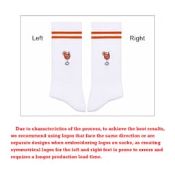 Crew Premium Digital Printed Socks in white with orange stripes and a decorative drink logo, featuring left and right designs.