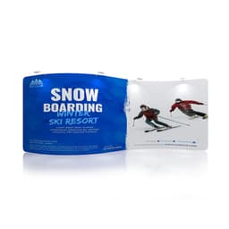 A blue S-shaped tension fabric display wall features skiing imagery, showcasing a ski resort promotion and a logo.