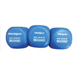 A blue cube-shaped stress reliever with rounded edges and a logo on it.