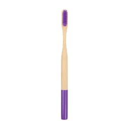 A large bamboo toothbrush with a round handle featuring a purple base and soft bristles. It includes a logo on the handle.