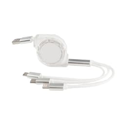 A retractable charging cable in clear and silver, featuring multiple connectors for various devices.