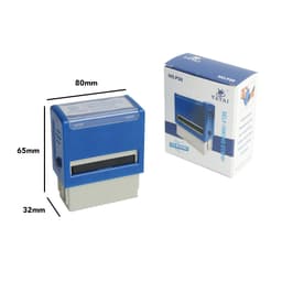 A blue self-inking rubber stamp next to its packaging, showcasing dimensions and design.