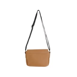 A tan polyurethane shoulder bag with a black adjustable strap and a front flap. It features a simple design and a logo.