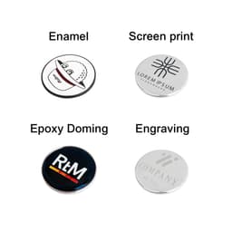 A round assortment of promotional product options in various finishes: enamel, screen print, epoxy doming, and engraving.