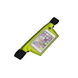 A bright green waist bag designed to hold a phone, featuring a clear front panel and adjustable straps.