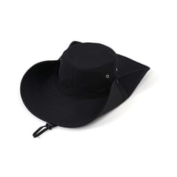 A black wide brim sun hat featuring a round crown and adjustable chin strap. It has ventilation eyelets on the sides.