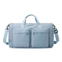 A foldable travel duffle bag in light blue with two front pockets and a detachable shoulder strap.