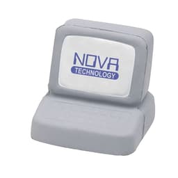A grey computer-shaped stress reliever with a logo on the screen and a textured keyboard design.
