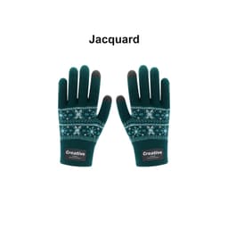 A pair of green jacquard gloves featuring a snowflake pattern, with touch-screen compatible fingertips.