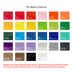 A grid displaying 28 stock colours for products, including shades like red, orange, green, and blue, along with their colour codes.