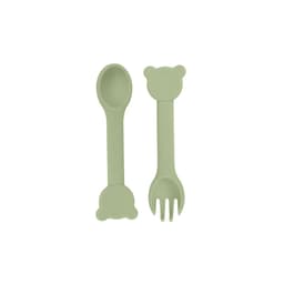 A bear-shaped silicone kids cutlery set in a soft green colour, featuring a spoon and fork with bear designs.