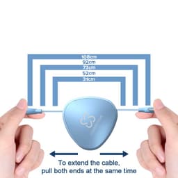 A triangular blue portable charging cable with multiple retractable lengths is held by two hands.