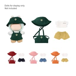 A plush doll apron outfit featuring green clothing items, a hat, and colourful shorts in yellow, pink, orange, and red.
