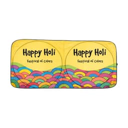 A twin circular sun shade featuring a vibrant yellow design with colourful waves and text celebrating Holi.