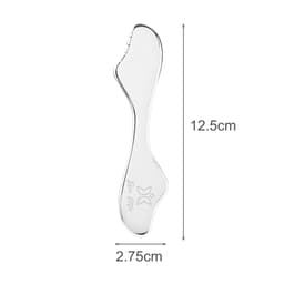 A sleek, silver massage tool with a foot-shaped design, measuring 12.5 cm by 2.75 cm, featuring a logo.