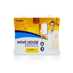 A promotional U-shaped tension fabric display wall featuring bright colours and a logo, advertising a moving house service.