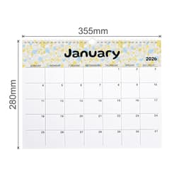 A horizontal wall calendar featuring a floral design, predominantly yellow and white, displaying January 2026.