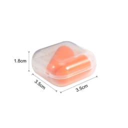 An orange pair of earplugs stored in a clear plastic case with measurements provided.
