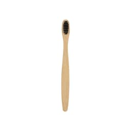 A small bamboo toothbrush with a natural wood handle and black bristles, featuring a simple design and a logo.