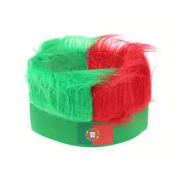 A headband wig featuring vibrant green and red hair, with a green band displaying a logo.