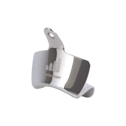 A drink bottle opener in shiny stainless steel, featuring a wall mount design and a logo.