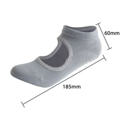 A grey open top yoga sock displayed at an angle, showing its unique design and dimensions.