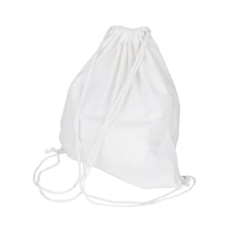 A white cotton drawstring bag with two matching strings for closure. It has a simple, minimalist design.