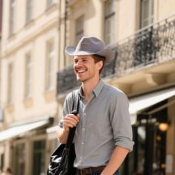A smiling man wearing a grey felt cowboy hat, carrying a black bag, stands in a sunlit street.