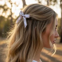 A hair clip bow in light colours, styled in long wavy hair, set against a natural outdoor background.