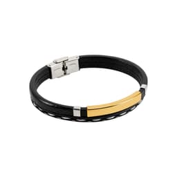 A personalised leather bracelet featuring a black band with a gold metal plate and silver accents.