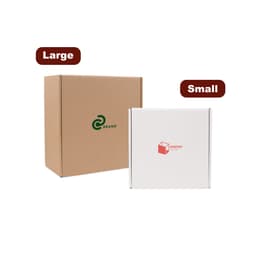 Two shipping boxes are displayed: a large brown box and a small white box with a logo.