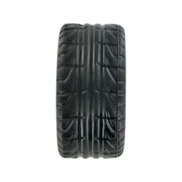 A black tire-shaped stress reliever with detailed tread pattern and a rounded design. Features a logo.
