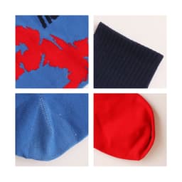Knee high football socks featuring a blue and red custom pattern, with sections showing ribbed and smooth textures.