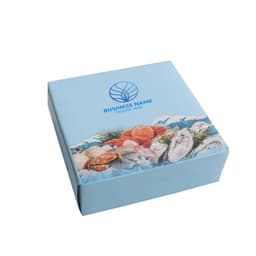 A blue mini tissue box featuring a seafood design and a logo on the top.