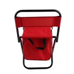 A red children's foldable camping chair with a black frame and attached bag for storage. It features a simple design for portability.