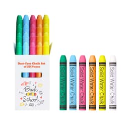 A box of 20 dust-free chalk sticks in various colours, including yellow, green, blue, and pink, with branding visible.