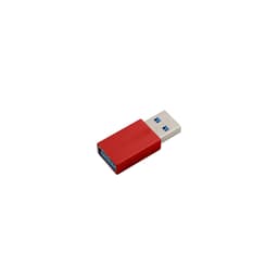 A red USB data blocker with a metallic grey end, featuring a blue USB connector. It includes a logo.