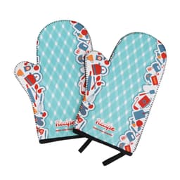 A pair of turquoise neoprene oven mitts with a playful kitchen-themed pattern and a branding logo.