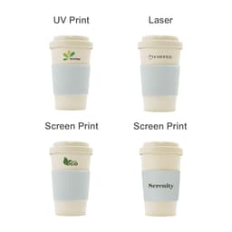 A 400ML bamboo fibre coffee cup in cream with a silicone sleeve, featuring various printed logos.
