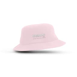 A pink terry towelling bucket hat with a logo on the front, suitable for leisure and outdoor activities.