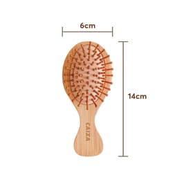 A small bamboo hairbrush featuring a wooden body and orange bristles, measuring 6cm by 14cm.