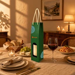 A green single bottle wine box with a rope handle, featuring a window and a logo. The setting includes dinnerware and food.