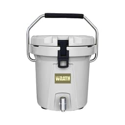 A grey ice bucket with a black handle and a metal tap at the bottom, featuring a logo on the front.