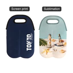 A neoprene double beer bottle carrier featuring a navy design on one side and a light blue beach scene on the other, with handles.