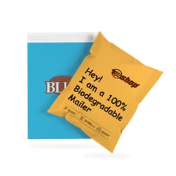 A yellow biodegradable mailer bag sits slightly overlapping a blue mailer bag, both featuring logos.