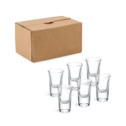 A box containing six clear 15ml shot glasses, arranged in front of it.