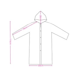 A hooded, reusable adult raincoat in a simple design, illustrated with dimensions in pink.