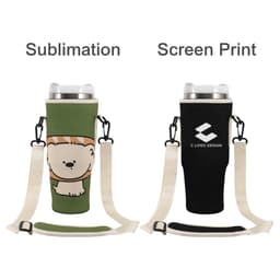 A drink bottle carrier bag for Stanley Cup in green with a cartoon, and black with a logo. Both feature adjustable straps.