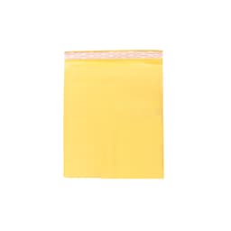 A small padded bubble envelope in yellow, featuring a sealable flap and logo branding at the top.